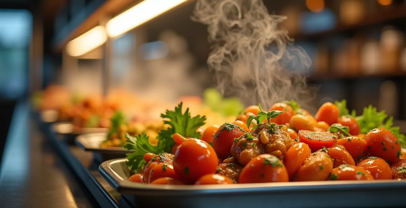 Vue détaillée d'un comptoir de restauration d'entreprise avec plats variés