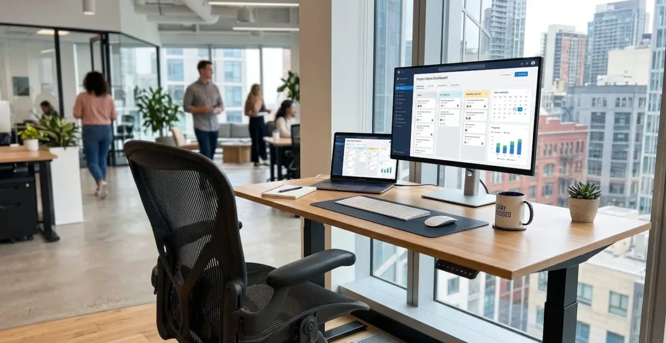 Bureau professionnel contemporain avec chaise ergonomique noire vide au premier plan face à un bureau épuré, grande fenêtre diffusant une lumière naturelle abondante, environnement minimaliste 2026