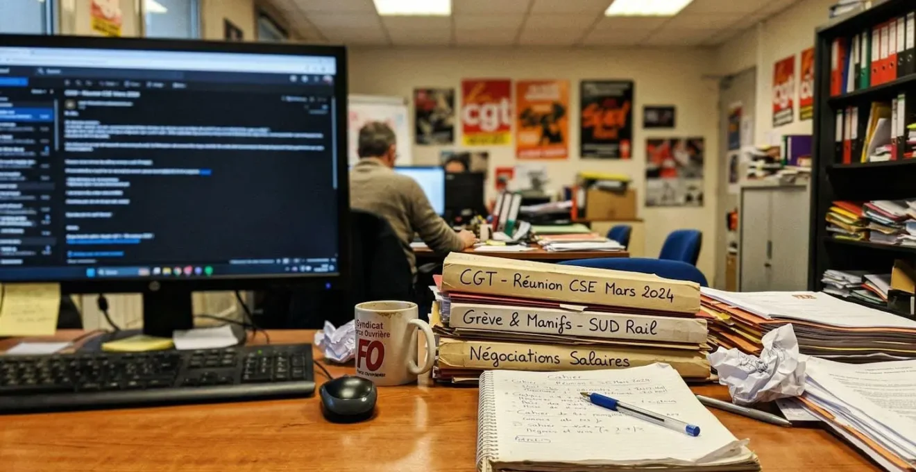 Bureau d'élu CSE avec écran d'ordinateur flouté, dossiers et post-it dans un local de travail typiquement français