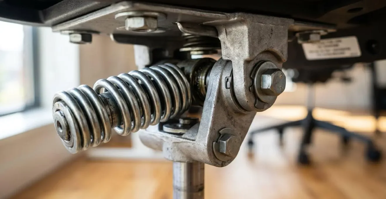 Gros plan macro sur le mécanisme synchrone métallique sous une chaise de bureau, montrant le système de ressort et les articulations pivotantes avec texture métallique nette