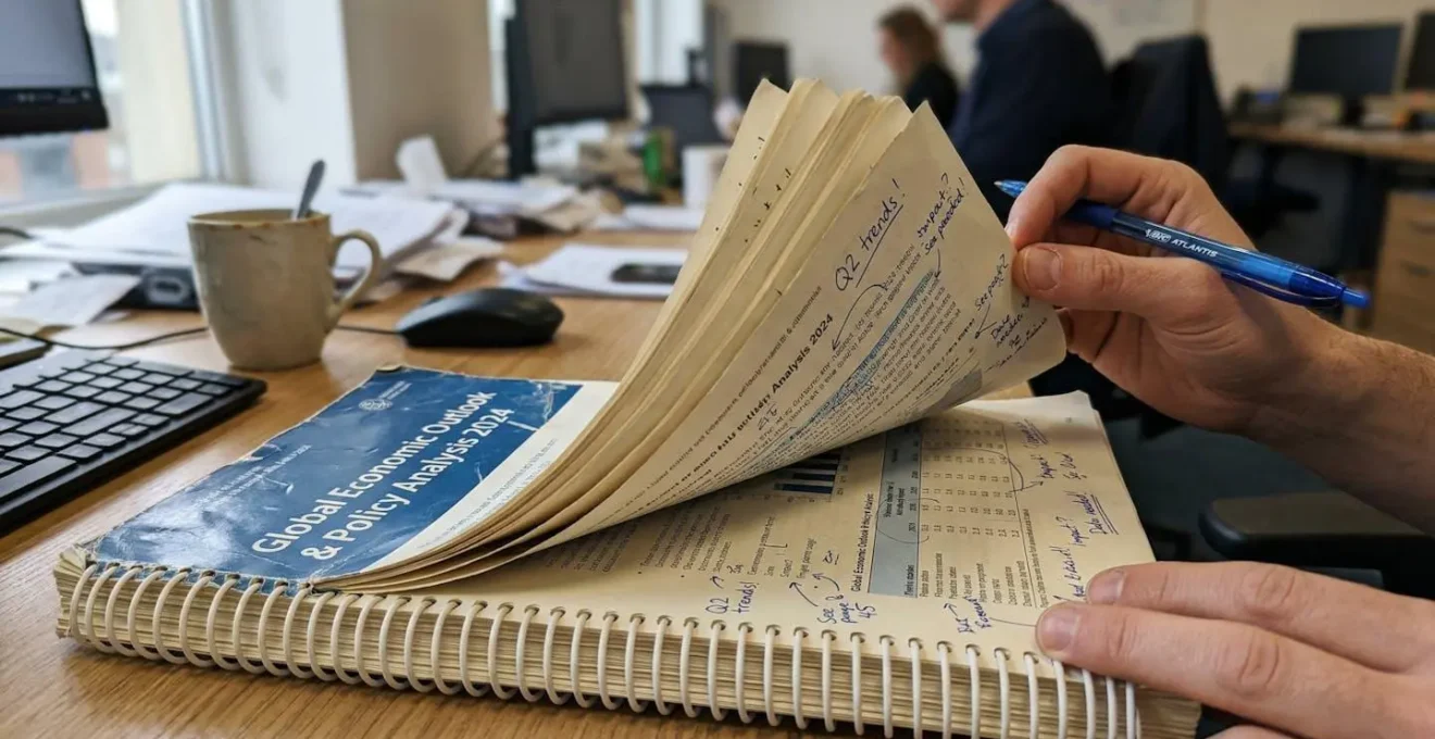 Gros plan sur des mains feuilletant un document épais avec annotations manuscrites et stylo sur un bureau