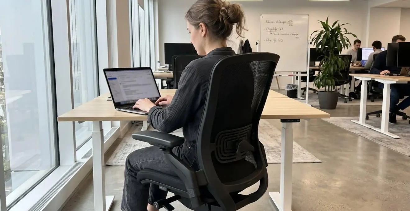 Une personne vue de dos travaille sur ordinateur portable, assise sur une chaise ergonomique moderne avec dossier en maille noire et support lombaire visible, dans un bureau contemporain lumineux
