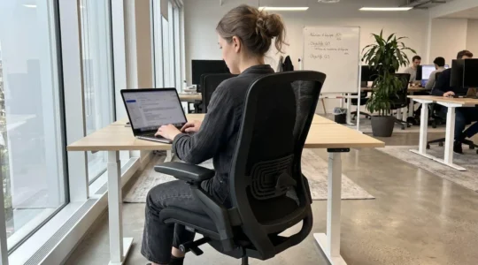 Une personne vue de dos travaille sur ordinateur portable, assise sur une chaise ergonomique moderne avec dossier en maille noire et support lombaire visible, dans un bureau contemporain lumineux