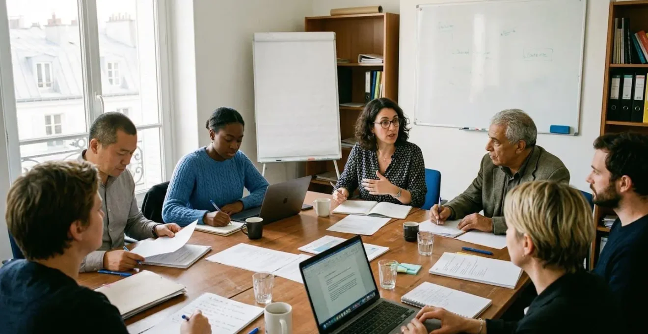 Élus CSE et délégués syndicaux réunis autour d'une table avec documents et ordinateurs portables dans une salle de réunion moderne