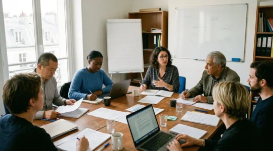 Élus CSE et délégués syndicaux réunis autour d'une table avec documents et ordinateurs portables dans une salle de réunion moderne