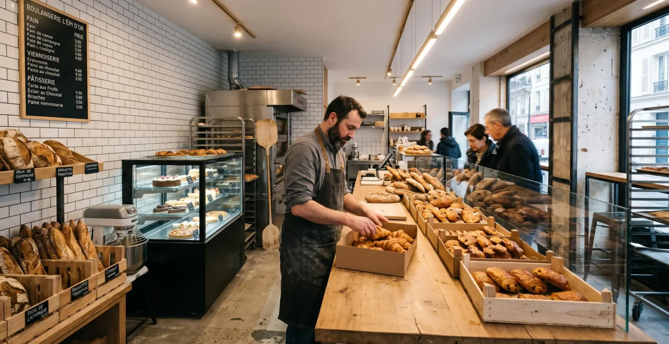 Boulangerie artisanale moderne avec corbeilles carton exposant viennoiseries, boulanger arrangeant la présentation, comptoir bois et carrelage métro
