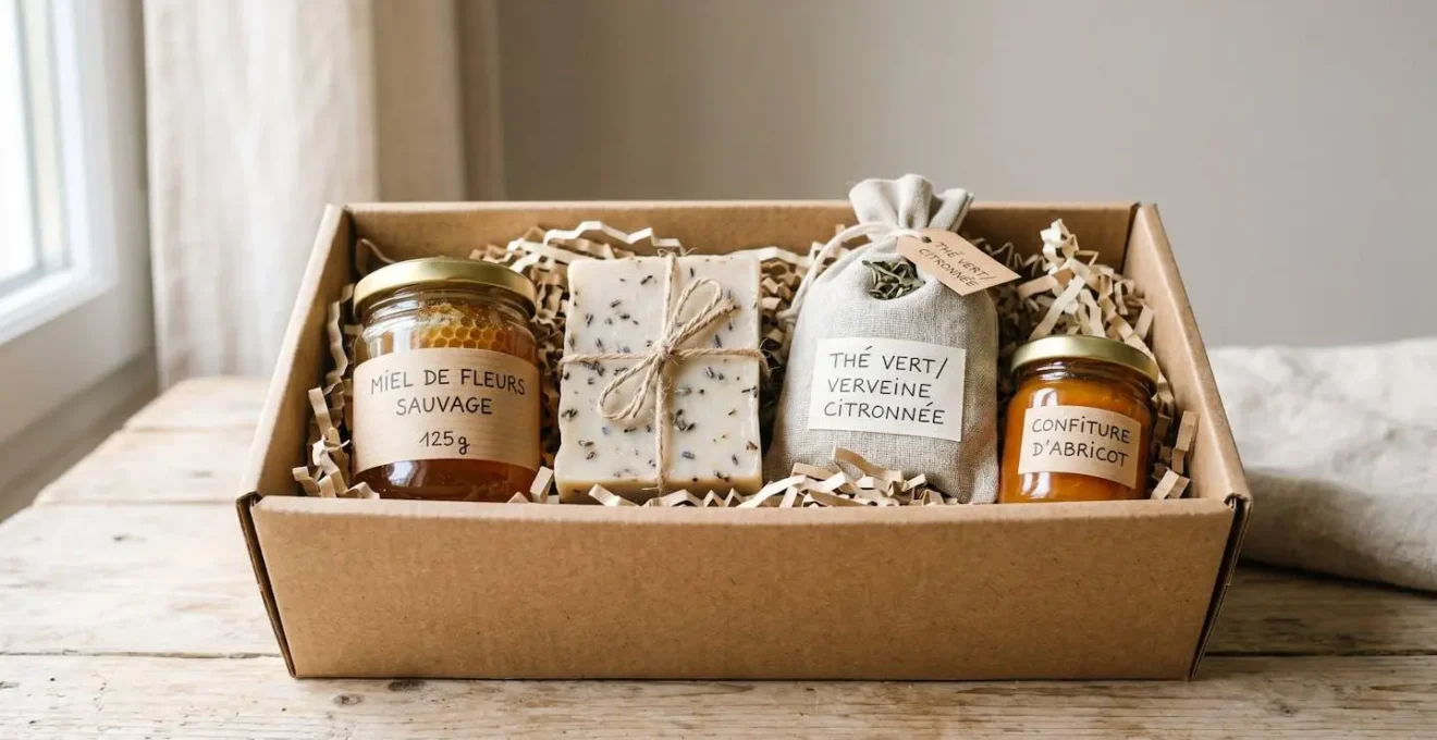 Corbeille carton kraft contenant produits artisanaux disposés harmonieusement avec arrangement en hauteur, éclairage doux latéral